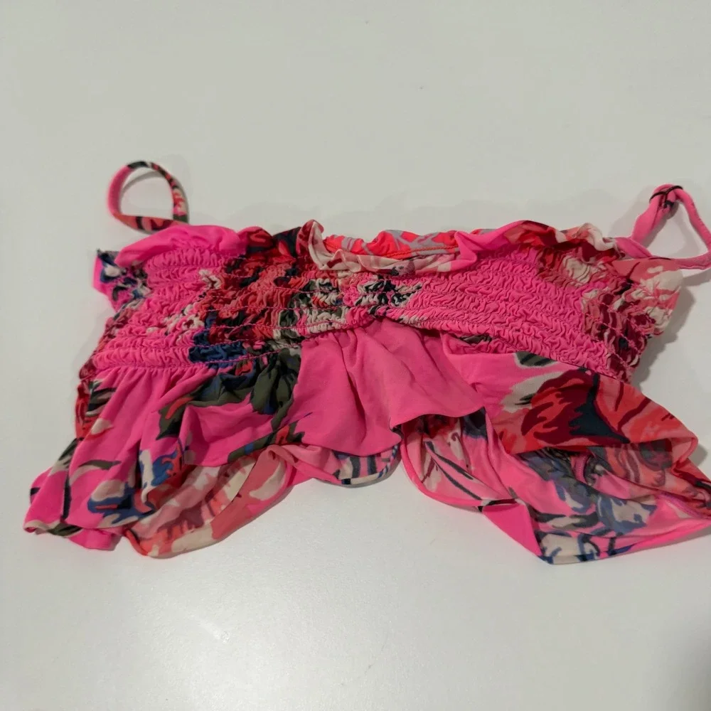Maaji Pink Floral Smocked‎ Ruffle Bikini Set Size 6 23910 Swimsuit Two Piece